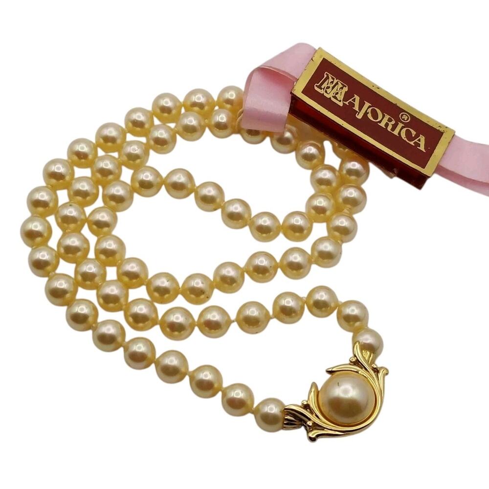 Signed Majorica Faux Pearl Necklace 16" Sterling 925 Gold Plated Clasp Tag 6mm